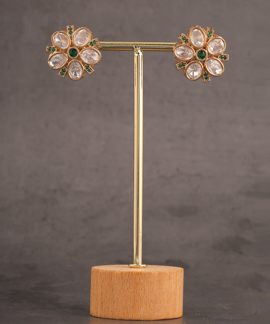 Floral Polki And Green Stone Studs/Earrings