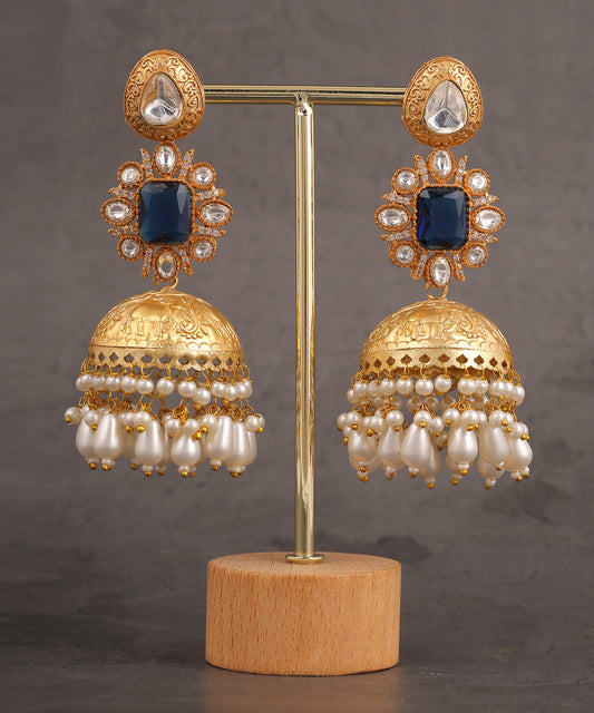 Blue Gold Plated Polki And Pearl Drops Jhumkas/Earrings