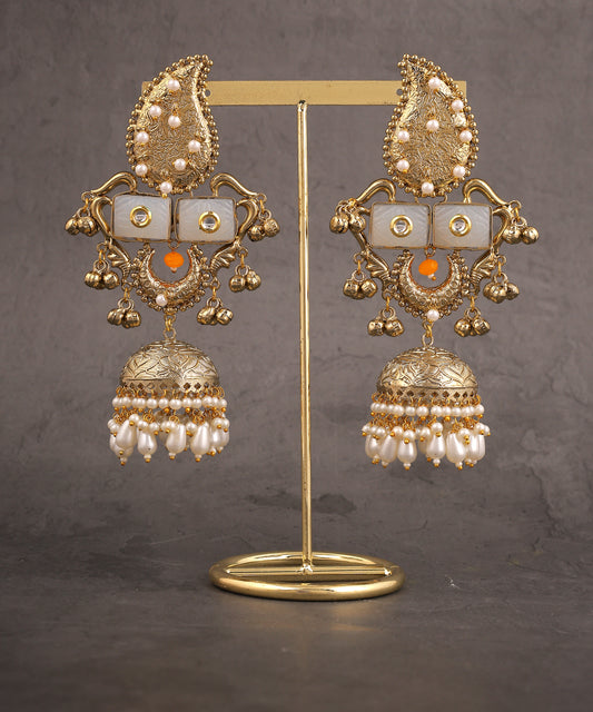 Antique Gold Pearl And Grey Long Jhumkas/Earrings