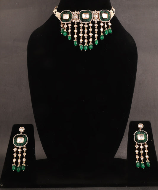 Jharokha Necklace Featuring Polki Stones, Emerald Beads And Pearls