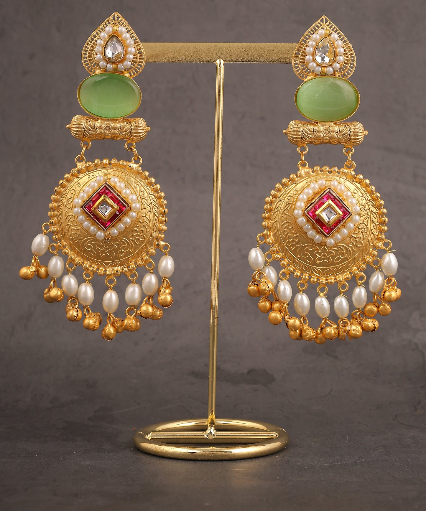 Mahira Earrings Featuring Sea Green Stone, Kundan And Pearls