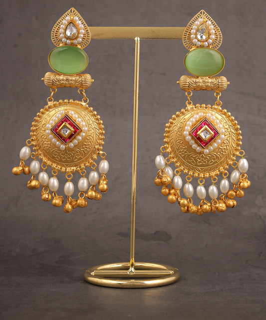 Mahira Earrings Featuring Sea Green Stone, Kundan And Pearls