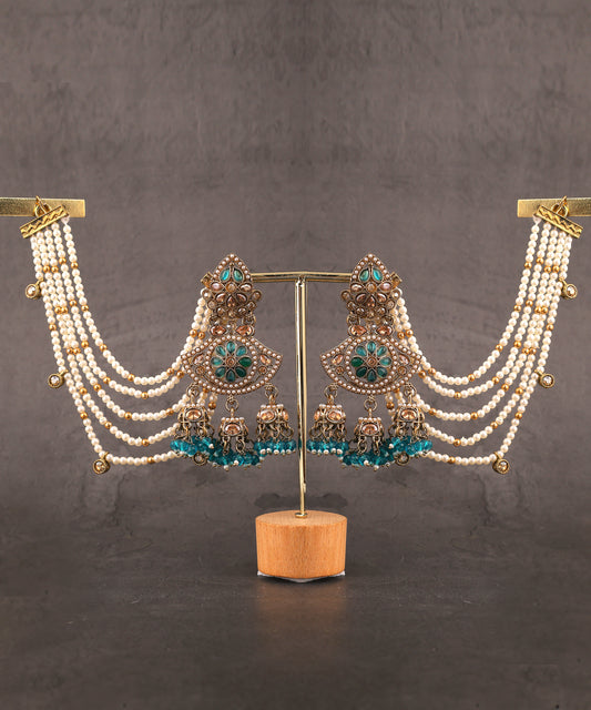 Green Kundan Chandbalis With Pearl Earchains/Earrings