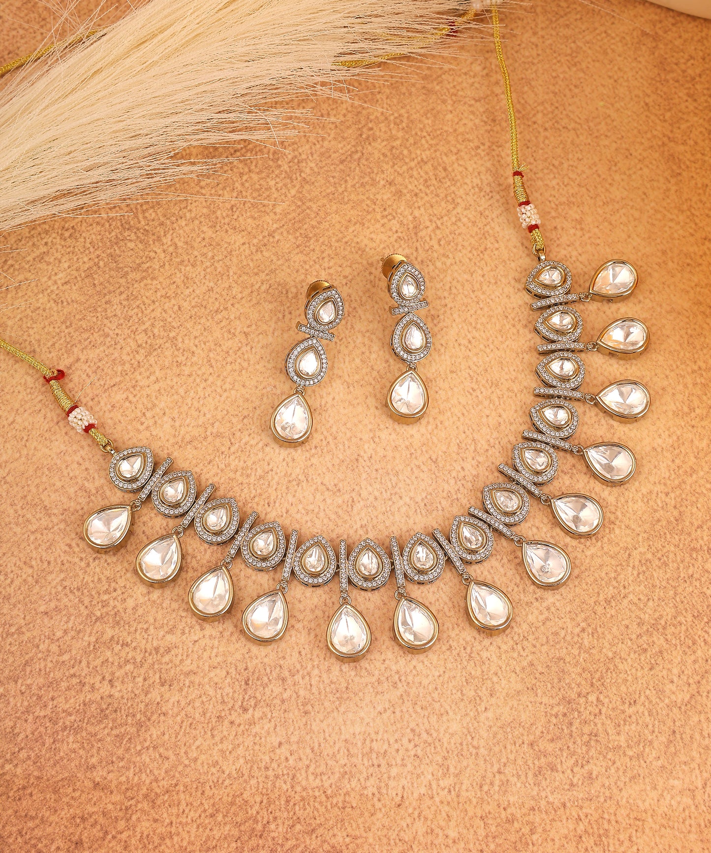 Polki Tear Drop Necklace Set With Oxidised Gold Finishing