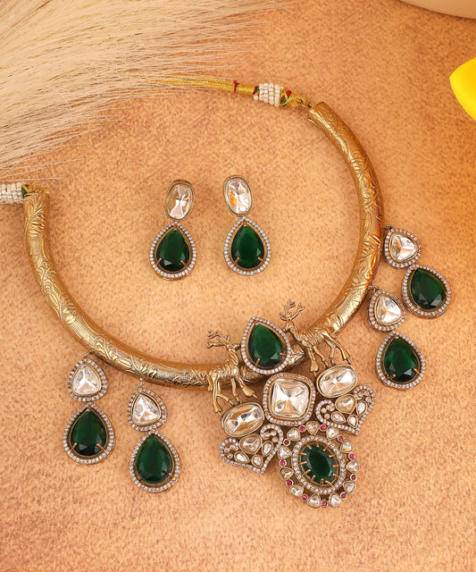 Maharaja hasli Featuring Emerald And Ruby Stone ,Polki And Deer Embellishments