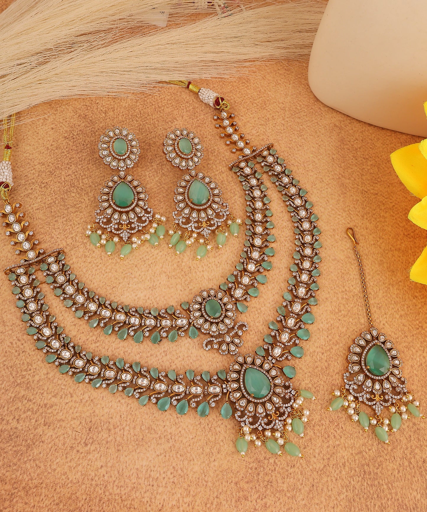 Apsara Mint Green Polki Layered Necklace With Maangtikka