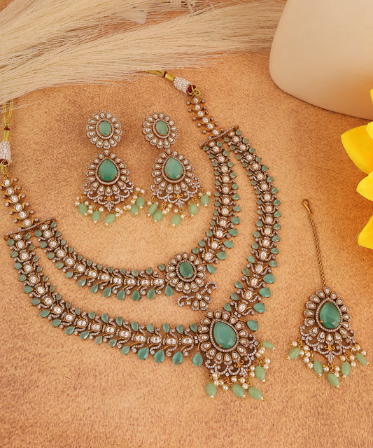 Apsara Mint Green Polki Layered Necklace With Maangtikka