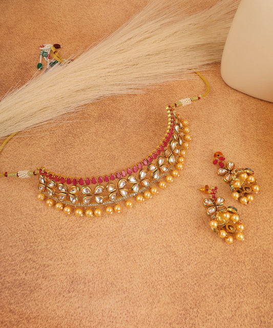 Kundan And Pearl Necklace With Magenta Stones