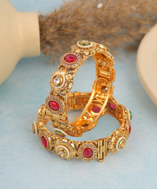 Pink Stone And Polki Studded Gold Toned Bangles