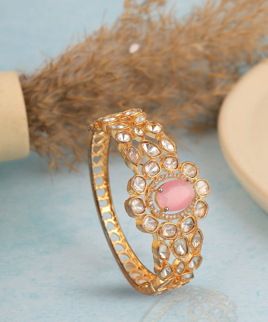 Floral Polki Bracelet With Baby Pink Stone