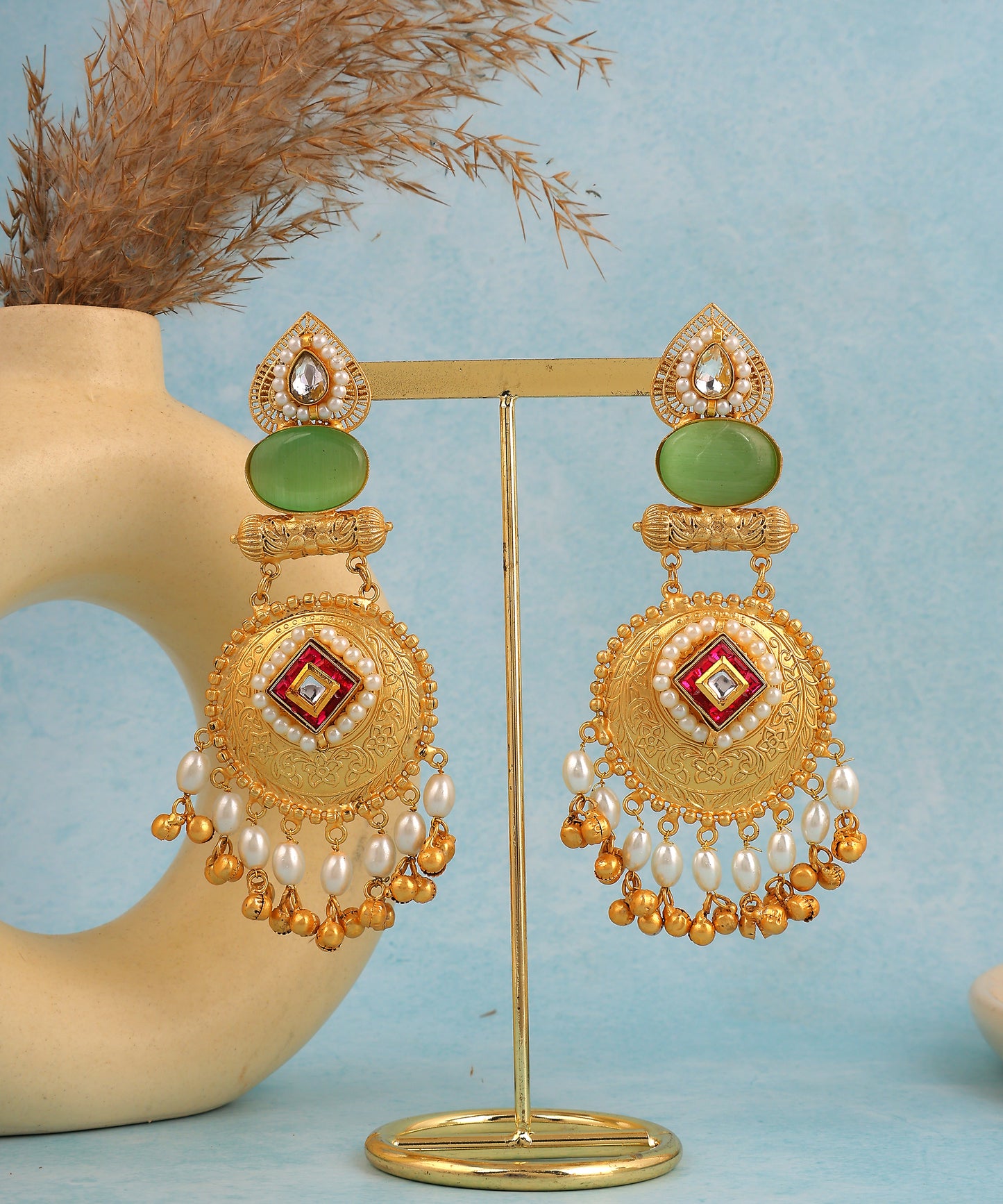Mahira Earrings Featuring Sea Green Stone, Kundan And Pearls