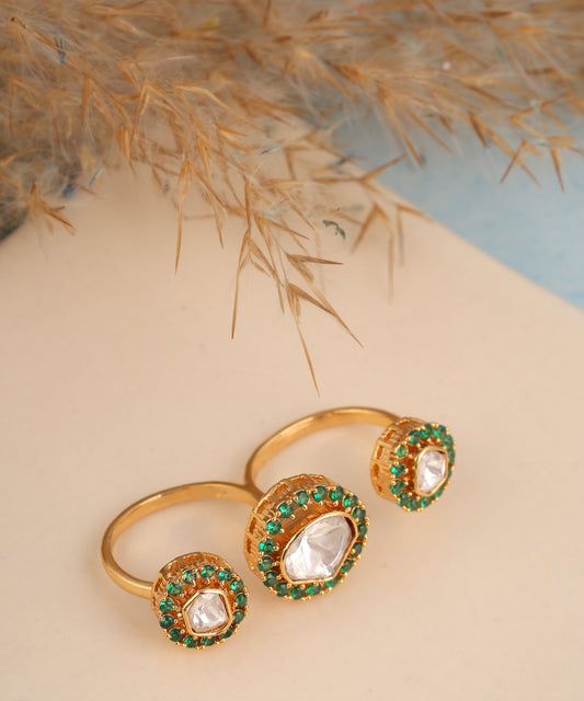 Polki And Green Stone Studded Double Finger Ring
