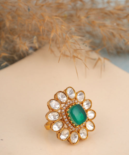 Polki And Emerald Studded Floral Ring