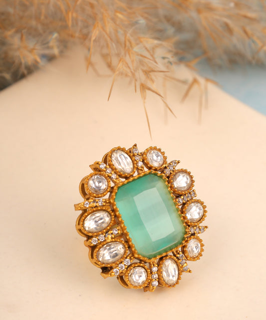 Polki And Mint Green Hydro Stone Studded Ring