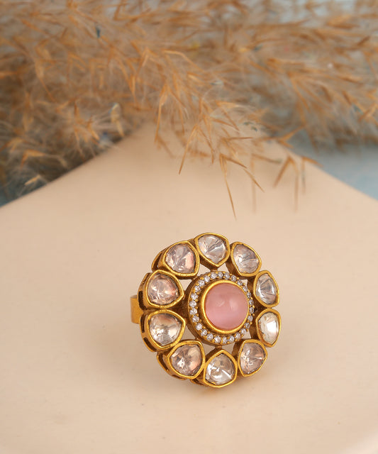 Baby Pink Floral Polki Ring