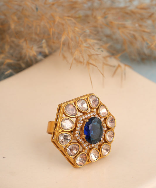 Hexagonal Blue Hydro Stone Studded Polki Ring