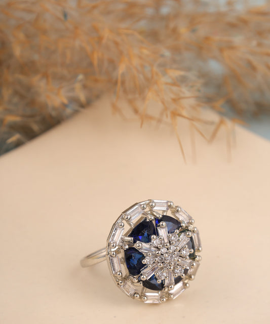 Saphhire And Crystal Studded Floral Ring
