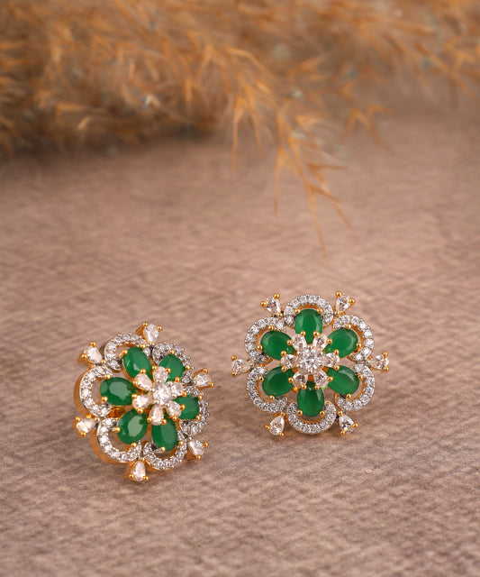 Floral Emerald And Crystal Studded Gold Toned Earrings