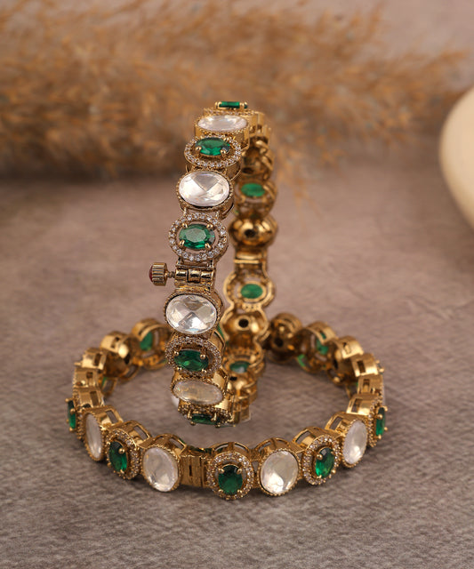 Polki And Emerald Stone Studded Bangles