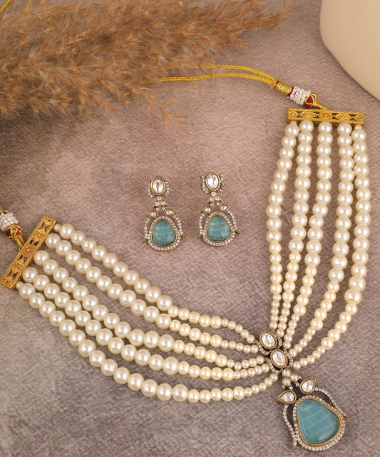Teal Blue Layered Pearl Choker With Polki Statement Drop
