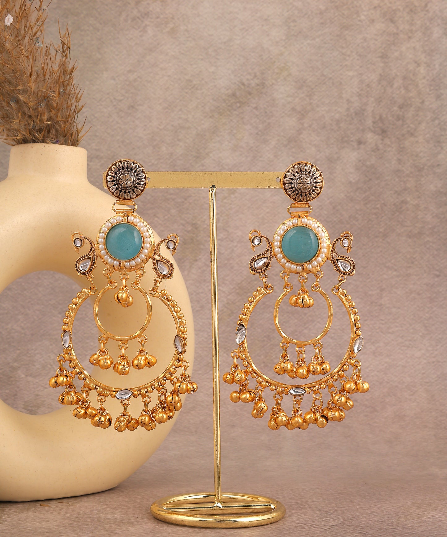 Teal Stone And Gold Plated Chandbalis/Earrings