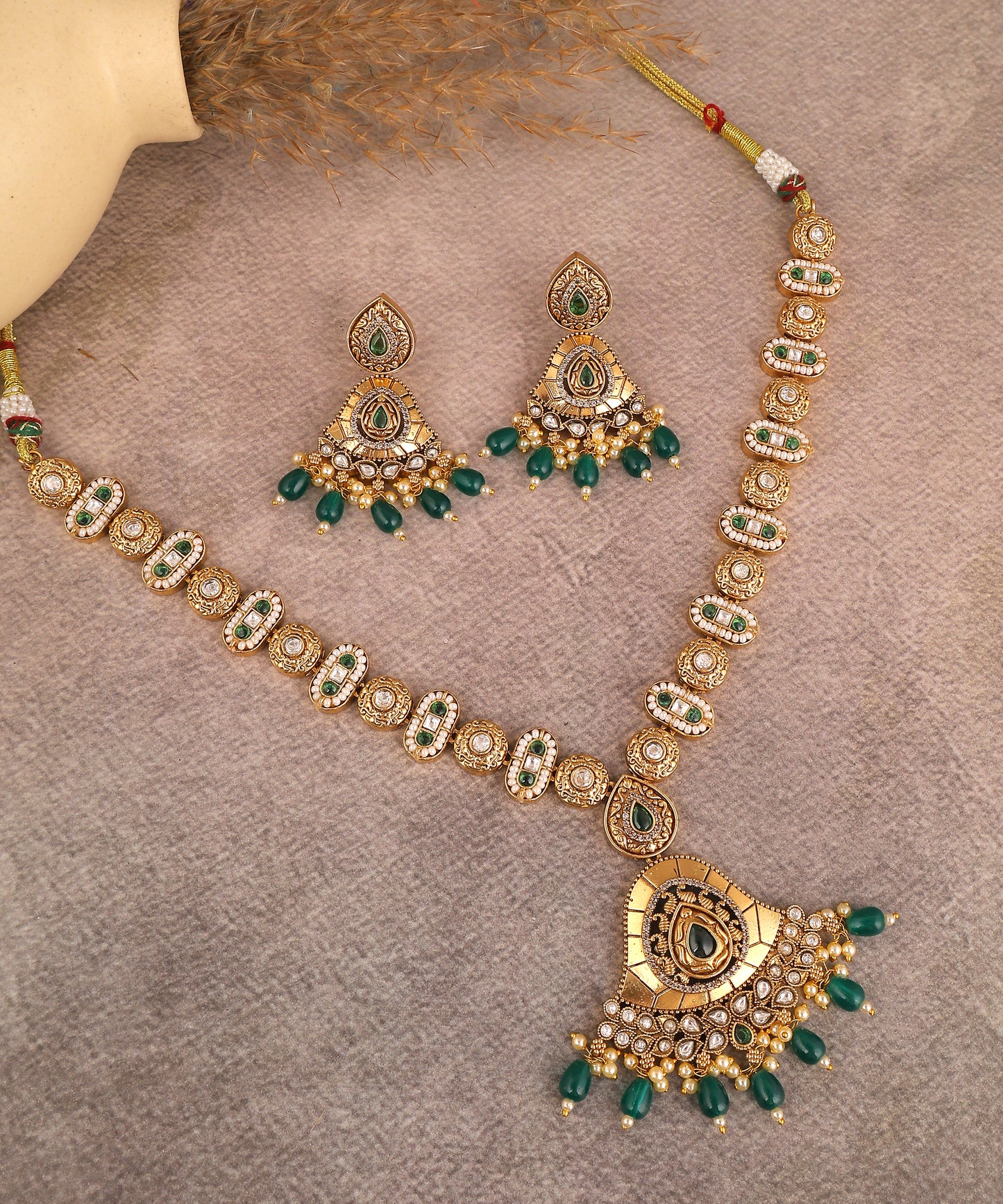 Sajda Necklace Featuring 18k Gold Plating With emerald Drops, Pearls And Kundan
