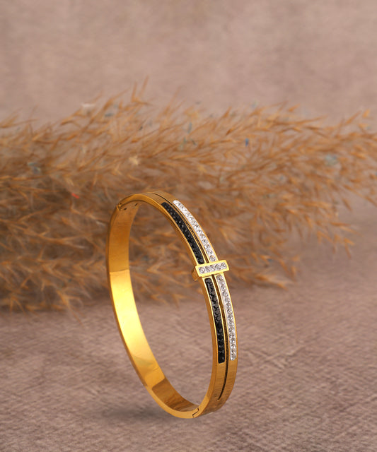 Black Enameled And Crystal Studded Anti Tarnish Bracelet