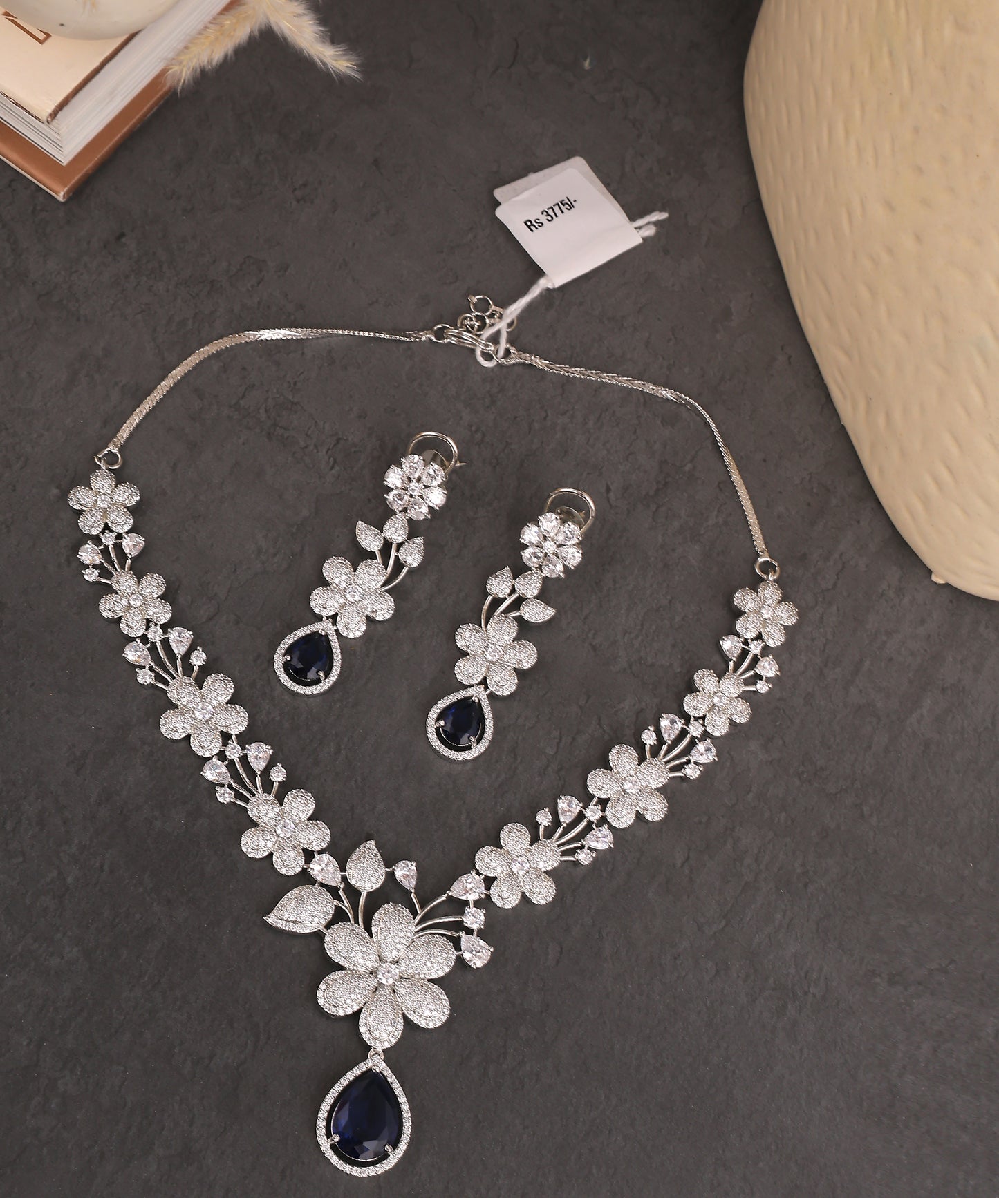 Floral Design Saphhire Drop Artificial Diamond Necklace