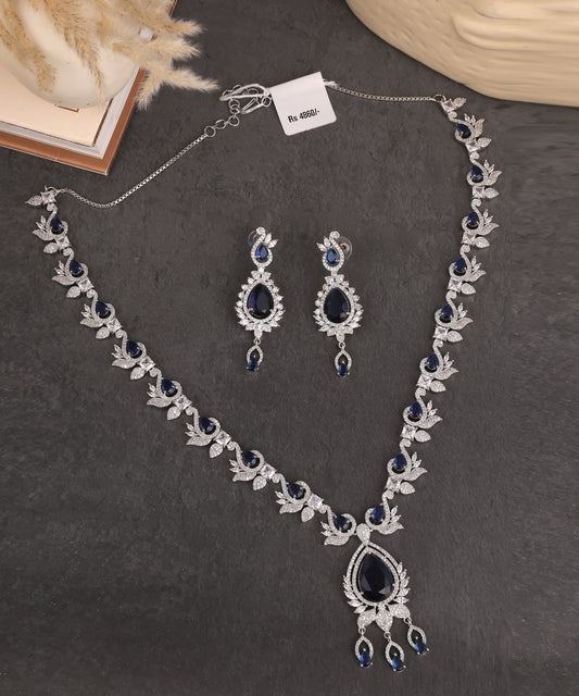 Designer Long Sapphire And Crystal Studded Artificial Diamond Necklace