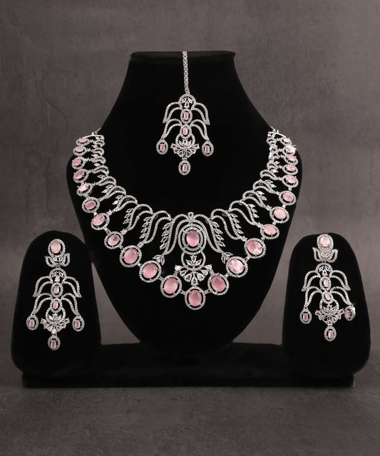 Baby Pink Designer Artificial Diamond Necklace Set With Maangtikka