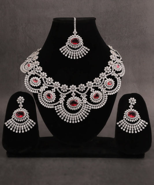 Ruby Designer Artificial Diamond Necklace Set With Maangtikka