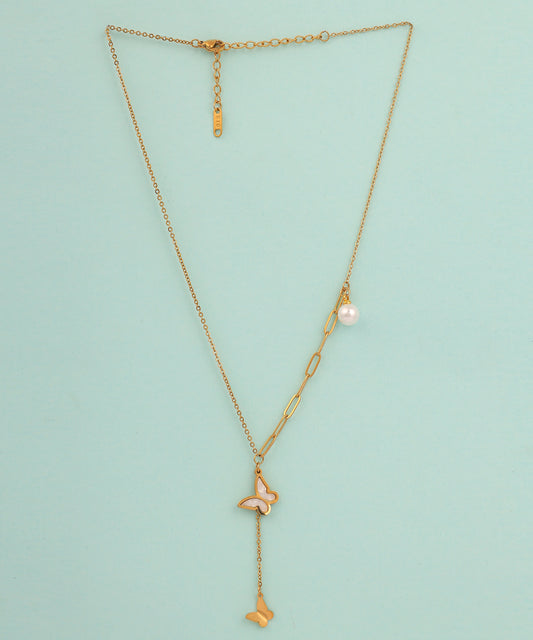 Butterfly And Pearl Drop Anti Tarnish Chain/Necklace