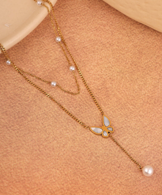 Butterfly And Pearl Layered Anti Tarnish Chain/Necklace