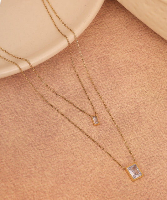 Rectangular Crystal Studded Layered Anti Tarnish Chain/Necklace