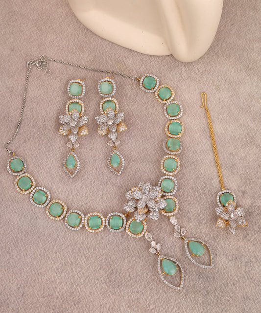 Designer Flower Embellised Double Drop Sea Green Artificial Diamond Necklace