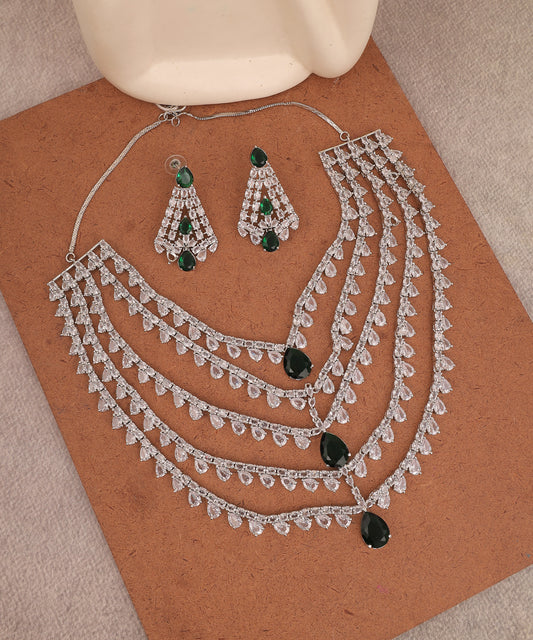 Cleopatra Necklace Featuring Emerald Stone And Layered Artificial Diamond Strings